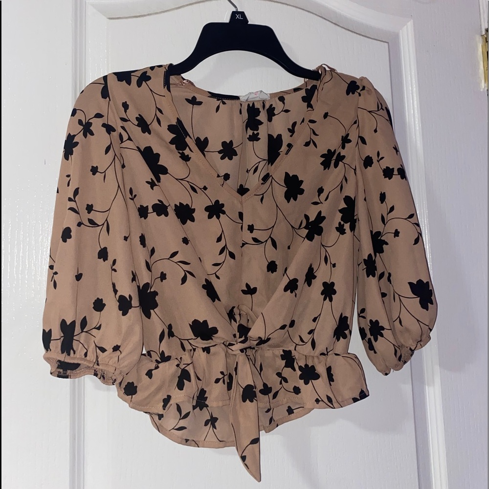 Beige and navy blue blouse with front tie